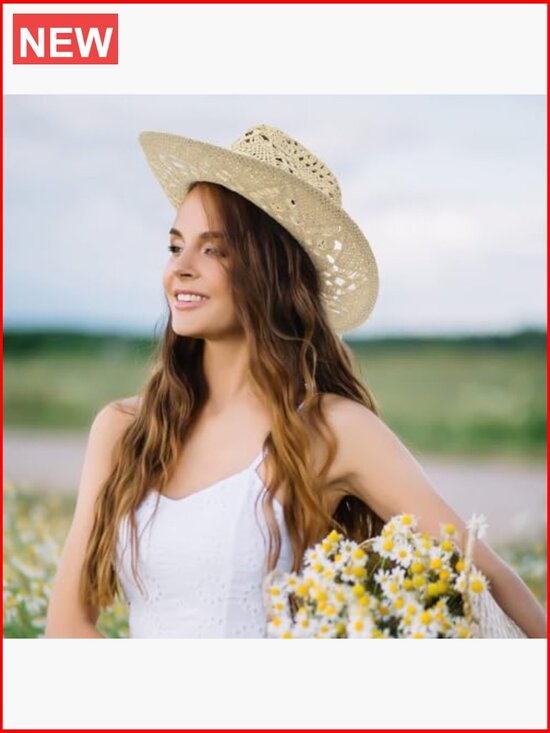 Straw Cowboy Cowgirl Hat Woven Hollow Out Wide Brim Roll Up Sun Hat Chin Strap main image 7